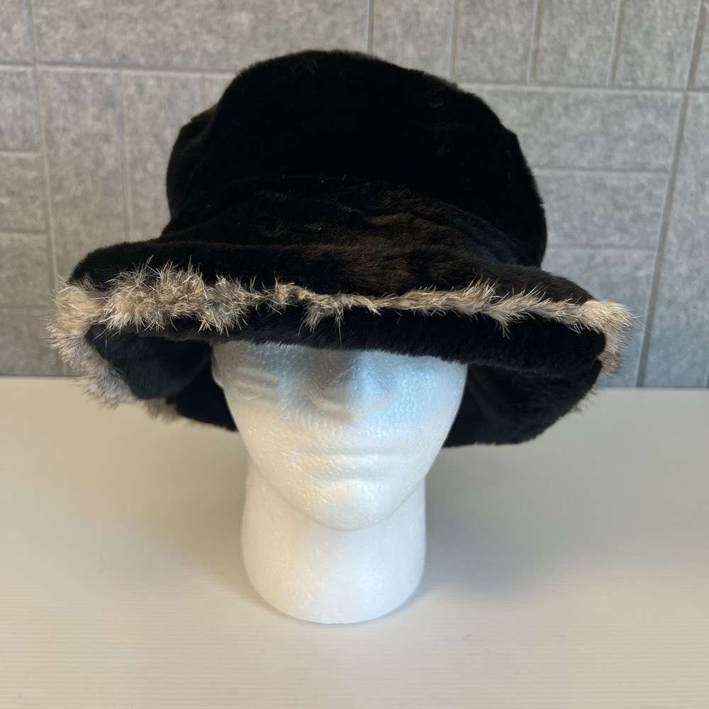 Vintage Preston & York Faux Fur Bucket Hat Black Stay Put Band Satin Lined OS